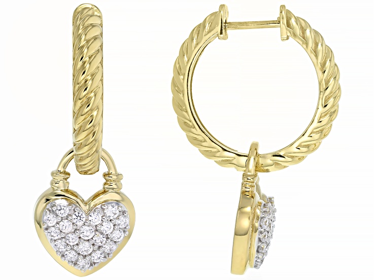 White Diamond Simulant 18k Yellow Gold Over Sterling Silver Heart Charm Earrings 0.87ctw