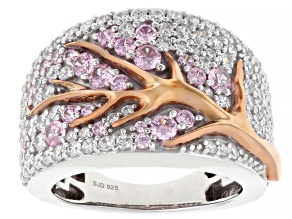 Pink And White Cubic Zirconia Rhodium Over Silver Tree Ring with Rose Gold Accent 2.88ctw