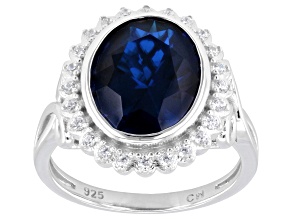 Blue Lab Created Spinel and White Cubic Zirconia Rhodium Over Silver Ring 5.36ctw
