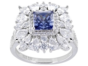 Blue and White Cubic Zirconia Rhodium Over Sterling Silver Ring 5.40ctw