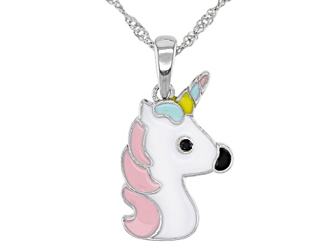 Black Spinel & Multi-Color Enamel & Rhodium Over Silver Childrens Unicorn Pendant With Chain .02ct