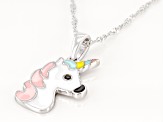 Black Spinel & Multi-Color Enamel & Rhodium Over Silver Childrens Unicorn Pendant With Chain .02ct