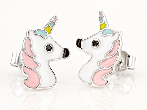 Black Spinel & Multi-Color Enamel Rhodium Over Silver Childrens Unicorn Earrings .03ctw