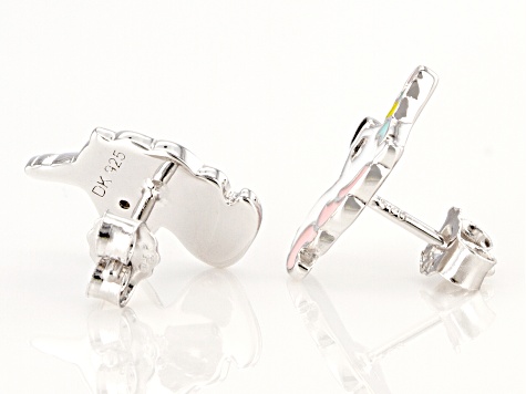 Black Spinel & Multi-Color Enamel Rhodium Over Silver Childrens Unicorn Earrings .03ctw