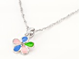 Multi-Color Enamel Rhodium Over Silver Children's Flower Pendant With Chain .02ct