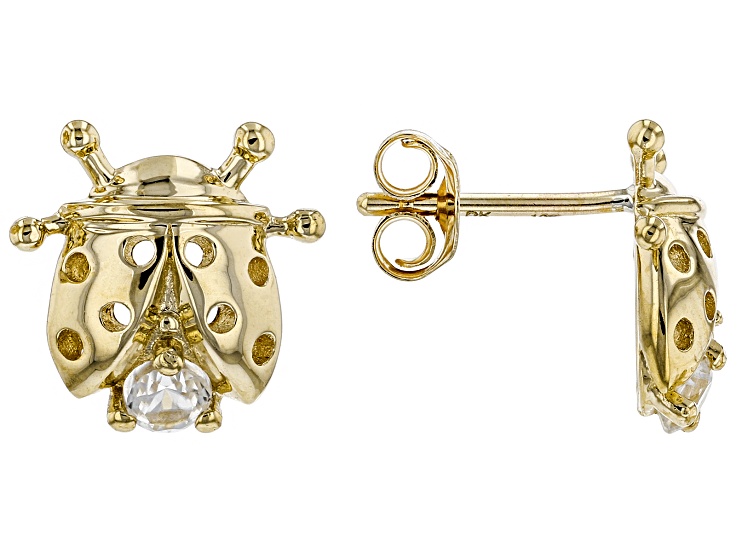 White Zircon 10k Yellow Gold Ladybug Childrens Stud Earrings .20ctw