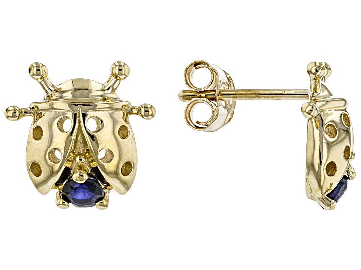 Blue Sapphire 10k Yellow Gold Ladybug Childrens Earrings
