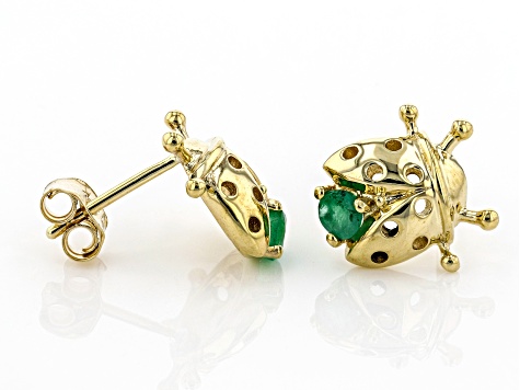 Green Sakota Emerald 10k Yellow Gold Childrens Ladybug Stud Earrings .14ctw