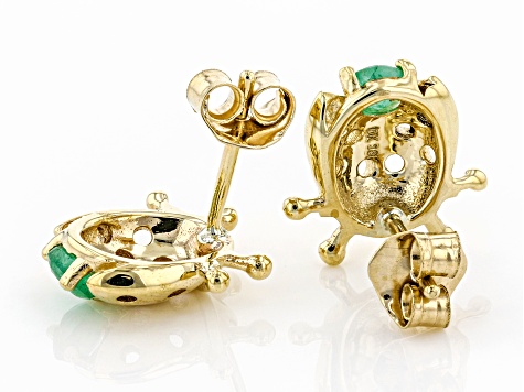 Green Sakota Emerald 10k Yellow Gold Childrens Ladybug Stud Earrings .14ctw