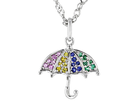 Multi Color Lab Created Sapphire Rhodium Over Silver Childrens Umbrella Pendant With Chain .15ctw