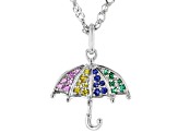 Multi Color Lab Created Sapphire Rhodium Over Silver Childrens Umbrella Pendant With Chain .15ctw