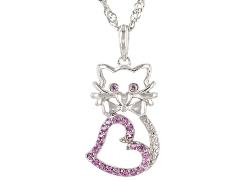 Pink Lab Created Sapphire Rhodium Over Silver Children's Cat Pendant With Chain .23ctw