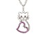 Pink Lab Created Sapphire Rhodium Over Silver Children's Cat Pendant With Chain .23ctw