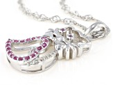 Pink Lab Created Sapphire Rhodium Over Silver Children's Cat Pendant With Chain .23ctw