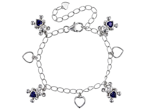 Blue Lab Created Sapphire Rhodium Over Sterling Silver Teddy Bear Childrens Bracelet 0.98ctw