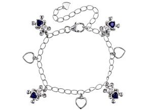 Blue Lab Created Sapphire Rhodium Over Sterling Silver Teddy Bear Children's Bracelet 0.98ctw