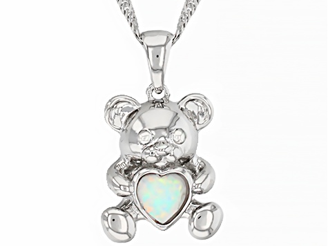 Multi Color Lab Created Opal Rhodium Over Silver Childrens Pendant With Chain 0.45ct