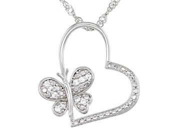 Picture of White Zircon Rhodium Over Sterling Silver Childrens Heart & Butterfly Pendant/Chain .12ctw
