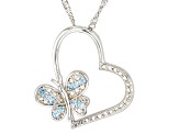 Swiss Blue Topaz Rhodium Over Silver Childrens Heart & Butterfly Pendant With Chain 0.13ctw