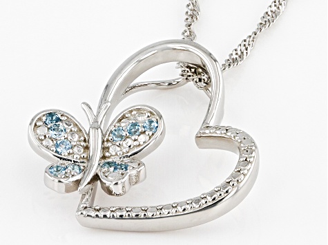 Swiss Blue Topaz Rhodium Over Silver Childrens Heart & Butterfly Pendant With Chain 0.13ctw