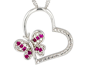 Picture of Red Lab Created Ruby Rhodium Over Sterling Silver Childrens Butterfly Pendant With Chain 0.13ctw