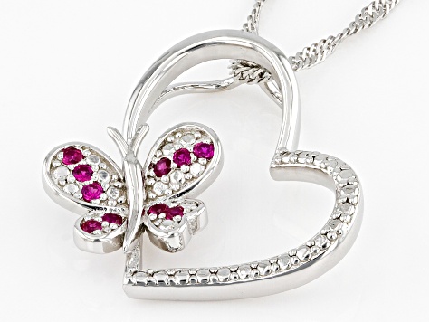 Red Lab Created Ruby Rhodium Over Sterling Silver Childrens Butterfly Pendant With Chain 0.13ctw
