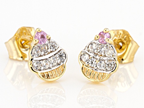 Pink Sapphire 10k Yellow Gold Cupcake Childrens Stud Earrings .13ctw