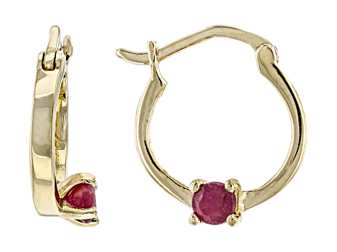 Red Ruby 10k Yellow Gold Childrens Hoop Earrings