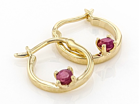 Red Ruby 10k Yellow Gold Childrens Hoop Earrings