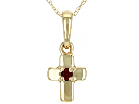Red Garnet 10k Yellow Gold Childrens Cross Pendant With Chain .04ct