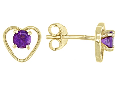 Purple African Amethyst Childrens 10k Yellow Gold Heart Stud Earrings .20ctw