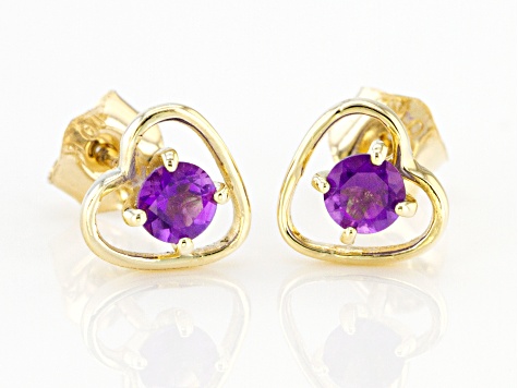 Purple African Amethyst Childrens 10k Yellow Gold Heart Stud Earrings .20ctw