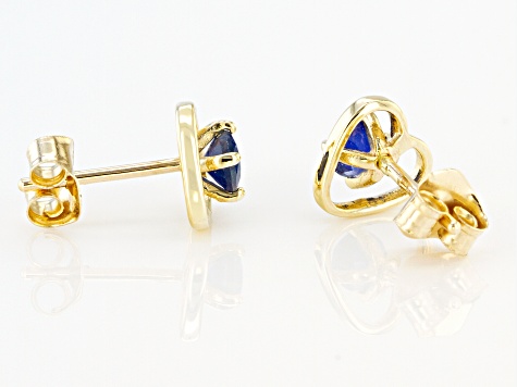 Blue Sapphire Childrens 10k Yellow Gold Heart Stud Earrings .22ctw
