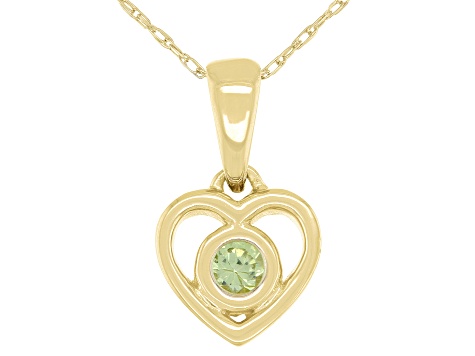 Green Peridot 10k Yellow Gold Childrens Heart Pendant With Chain .11ct