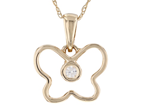 White Zircon 10k Yellow Gold Childrens Butterfly Pendant With Chain .06ct