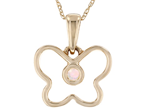 Multi Color Ethiopian Opal 10k Yellow Gold 12" Childrens Butterfly Pendant With Chain 0.04ct