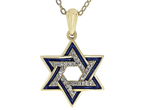 White Zircon & Blue Enamel 18k Yellow Gold Over Silver Children's Star of David Pendant/Chain .08ctw