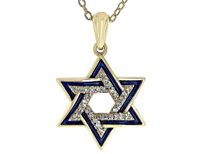 White Zircon & Blue Enamel 18k Yellow Gold Over Silver Children's Star of David Pendant/Chain .08ctw