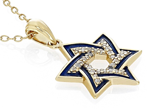 White Zircon & Blue Enamel 18k Yellow Gold Over Silver Children's Star of David Pendant/Chain .08ctw