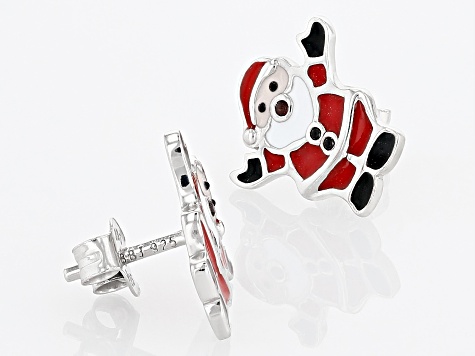 Red Garnet, Black Spinel & Multi-Color Enamel Rhodium Over Silver Childrens Santa Earrings .02ctw