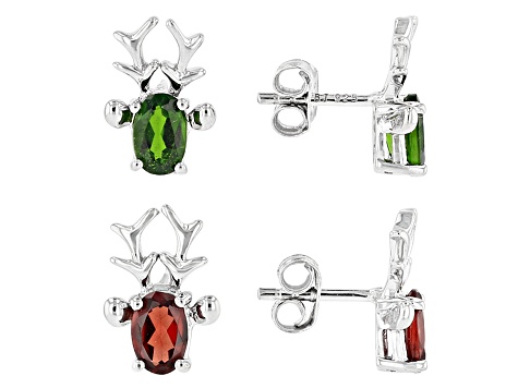 Red Garnet & Green Chrome Diopside Rhodium Over Silver Childrens Reindeer Earring Set 2.12ctw
