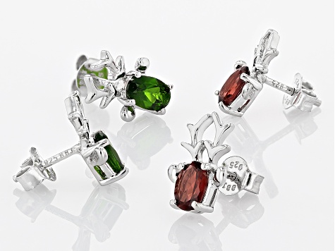 Red Garnet & Green Chrome Diopside Rhodium Over Silver Childrens Reindeer Earring Set 2.12ctw