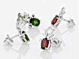 Red Garnet & Green Chrome Diopside Rhodium Over Silver Childrens Reindeer Earring Set 2.12ctw