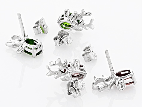 Red Garnet & Green Chrome Diopside Rhodium Over Silver Childrens Reindeer Earring Set 2.12ctw