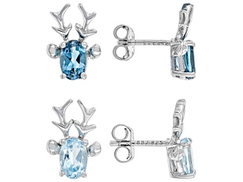 Picture of Sky Blue Topaz Rhodium Over Silver Childrens Reindeer Earring Set 1.88ctw