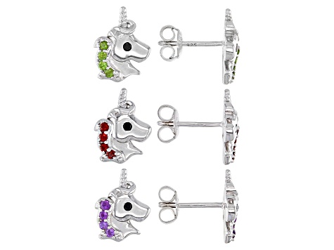 Green Chrome Diopside Rhodium Over Sterling Silver Unicorn Set Of 3 Childrens Earrings 0.47ctw