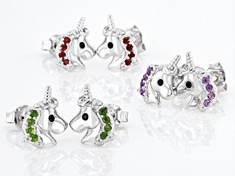 Green Chrome Diopside Rhodium Over Sterling Silver Unicorn Set Of 3 Childrens Earrings 0.47ctw