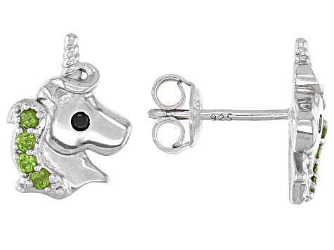 Green Chrome Diopside Rhodium Over Sterling Silver Unicorn Set Of 3 Childrens Earrings 0.47ctw