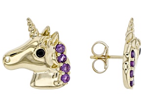 Purple Amethyst 10k Yellow Gold Children's Unicorn Stud Earrings 0.14ctw