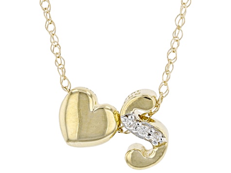 White Zircon 10k Yellow Gold Childrens Initial "S" Necklace. 0.02ctw